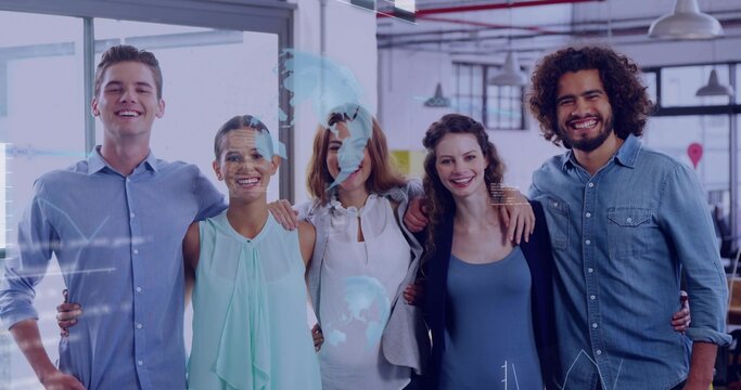 Standing team in business arms linked laughing and bonding in office, overlays starting to pass glas