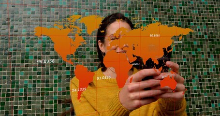 Overlay appearing, woman raising smartphone to view numbers, tapping and revealing face, smiling © vectorfusionart