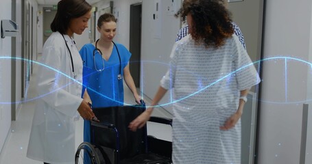 Nurse placing wheelchair pregnant patient sitting for hospital transfer, blue waves overlaying © vectorfusionart