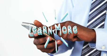Animated Learn More overlay appearing, hands holding smartphone tapping and swiping to engage CTA © vectorfusionart