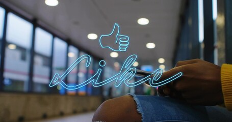 Neon thumbs-up overlay appearing, commuter tapping and scrolling smartphone to like post © vectorfusionart