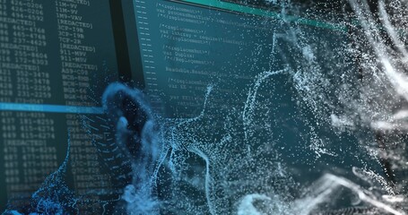 Animated particle field drifting from left, billowing and revealing tech code across dual monitors © vectorfusionart