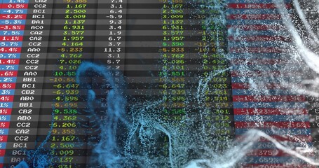 Blue dotted mesh appearing left, point cloud spreading over numeric dashboard, revealing data © vectorfusionart