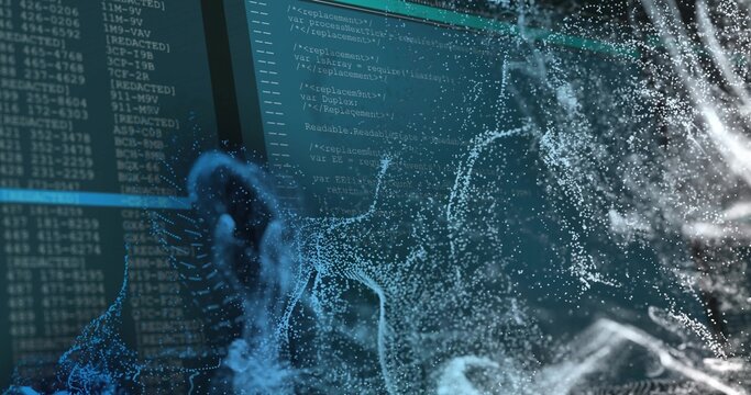 Animated particle field drifting from left, billowing and revealing tech code across dual monitors