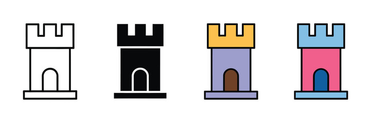 Castle tower icons illustrating medieval fortress defense, heritage landmark, chess rook piece, architectural design, and clean minimalist vector graphics for history themes. © ARIF AHMED 05