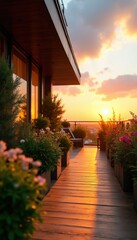 Fototapeta premium Modern terrace with potted plants at sunset. Wooden deck reflects warm golden light from sun setting over distant cityscape. Rich greenery and flowers adorn balcony space.