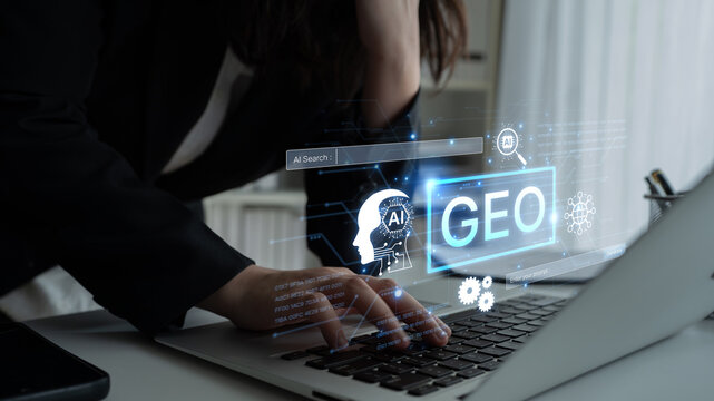 Digital marketing concept featuring GEO strategy. Generative AI search visual shows GEO interface integrating intelligence, logic, and AI input system for prompt tasks. Corpus