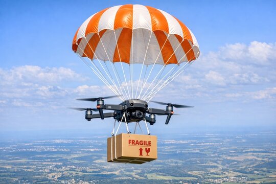 A large orange and white parachute with a box attached, suitable for adventure or outdoor scenes