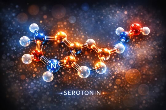 A molecular structure of serotonin on a black background, useful for scientific and educational purposes
