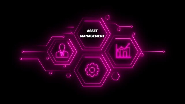 Abstract neon Hud knowledge ability business gear icon Glowing neon line concept. Glowing " ASSET MANAGEMENT " button in German on a futuristic, abstract wave technology on black background. 4K video