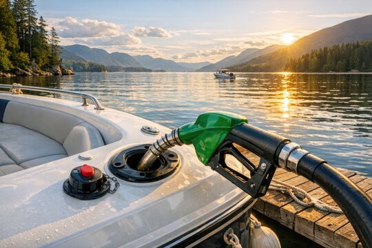 A boat with a fuel pump on the front, suitable for fishing or sailing trips