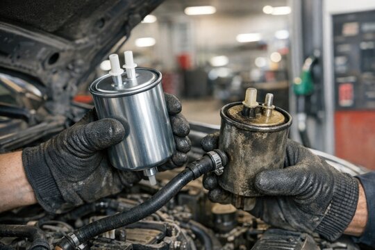 A person tinkers with a vehicle's engine, surrounded by tools and equipment