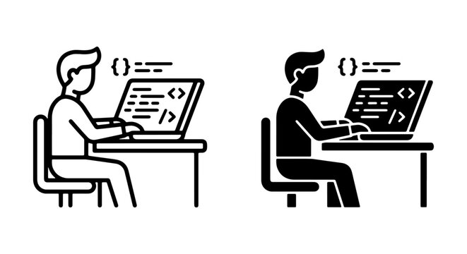Programmer Coding on Laptop, Developer at Desk Icon Set, Software Engineer Working, Digital Technology Vector