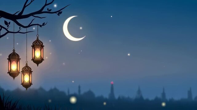 Glowing lanterns hanging from a tree branch against a crescent moon night sky. Ramadan background with silhouette of a city mosque skyline for Islamic culture.