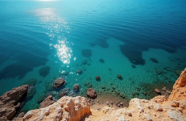 Fototapeta premium Rocky coast meets clear turquoise ocean under bright sunlit sky. Shallow clear water reveals stones beneath surface. Calm sea reflects light shimmering waves. Idyllic summer landscape.