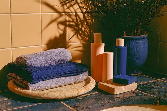 Warm spa bathroom still life with folded towels, cosmetic bottles, soap, plants, tiles, water drops, and strong sunlight.