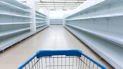 Fototapeta premium Empty store shelves with a blue shopping cart in the foreground, showing scarcity and a lack of products in a retail environment