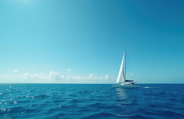 Fototapeta premium White sailboat glides across deep blue ocean under clear sky. Calm sea water reflects bright sun, creating gentle waves. Nautical vessel sails toward distant horizon, perfect for travel themes.