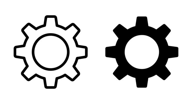 Two Gear Icons, Outline and Solid Black, Mechanical Engineering Symbols, Industrial Machine Parts, Vector Graphic Elements