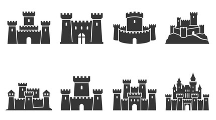 Grey stone castle and citadel icons. © Yuni