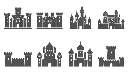 Grey medieval castle and fortress icon set. © Yuni