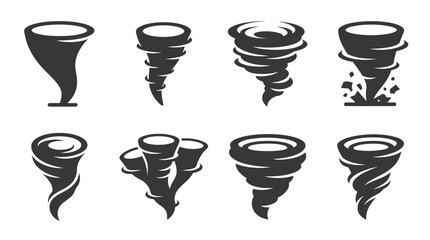 Black tornado and whirlwind icons for storm tracking.