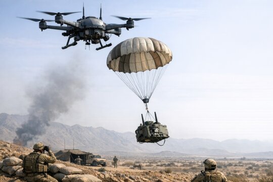 Soldiers jumping from a plane with parachutes, mid-air deployment