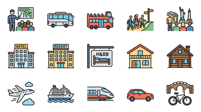 Set of 70 editable outline icons for European vacation packages including tours accommodation transport and travel planning elements
