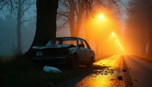 Crashed car rests against tree on foggy roadside at dawn. Strewn debris, illuminated streetlights suggest severe accident scene aftermath. Wreckage remains, hinting at danger, potential risk on road.
