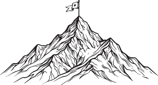 Mountain peak with flag on top, illustration of summit