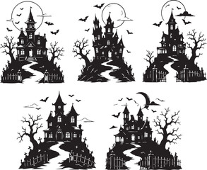 Obraz premium Set of 5 Haunted House Black and White Halloween Vector Illustrations Isolated on White Background