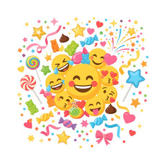 Fototapeta premium Colorful Emoticons Surrounded by Party Decorations and Candy