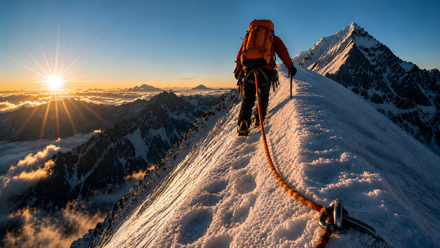 Mountaineer Ascending Snowy Mountain Ridge at Sunrise