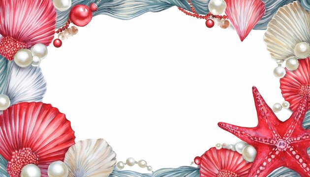 watercolor marine frame with shells red starfish and pearls on white background decorative border with copy space for invitations party cards and coastal event designs