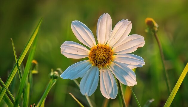 Close Up Of A Cheerful Tridax Procumbens Flower With White Petals And A Yellow Center Set Against Sunlit Green Grass Capturing The Simple Beauty Of Wild Blooms In Jember East Java