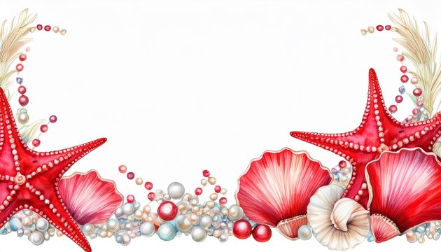 watercolor vertical marine frame with shells red starfish and pearls on white background decorative border with copy space for invitations party cards and coastal posters