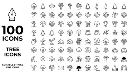 Fototapeta premium Tree Outline Icons Set – Nature and Forest Editable Stroke Line Vector Collectio
