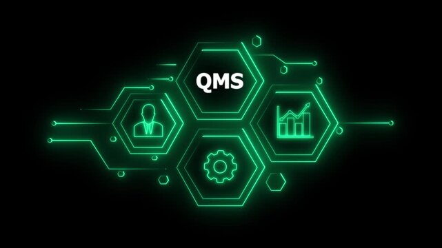 Abstract neon Hud knowledge ability business gear icon Glowing neon line concept. Glowing " QMS " button in German on a futuristic, abstract wave technology on black background. 4K animation video.