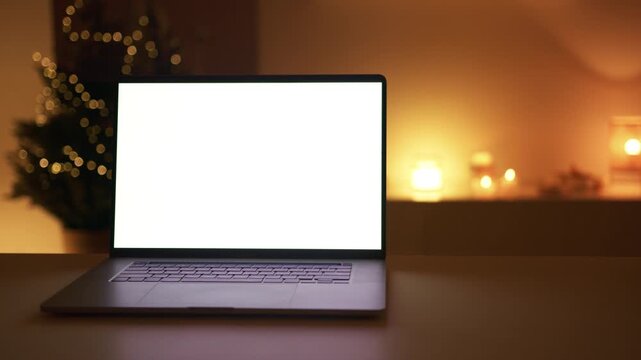 Laptop Mockup with Blank White Screen in Cozy Holiday Setting