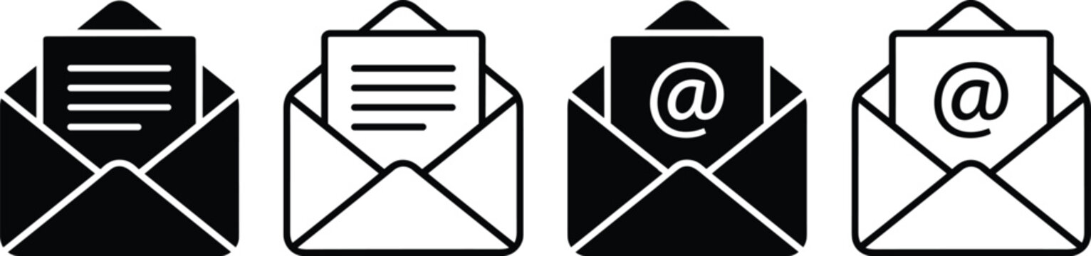 Set of four black and white email icons with envelopes and letters, symbolizing communication