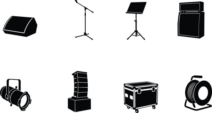 Professional Stage Audio Equipment Black Silhouette Icon Set Featuring Speakers Microphone Stand Lighting and Live Event Gear