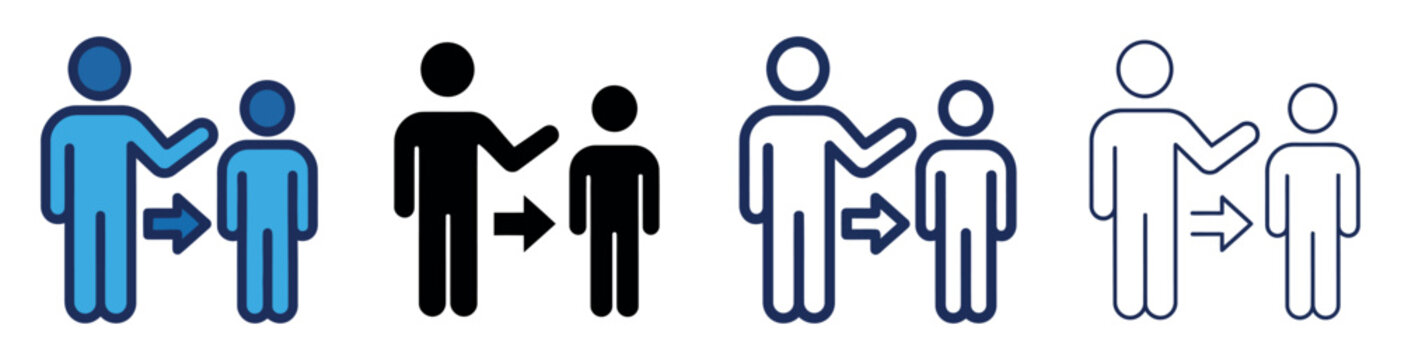 Set of human stick figure icons showing one person pointing towards another person with an arrow symbol Minimal icon set bundle collection. Editable Vector Illustration Mega pack