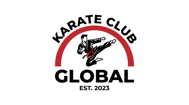 Karate club logo with martial artist kicking silhouette.