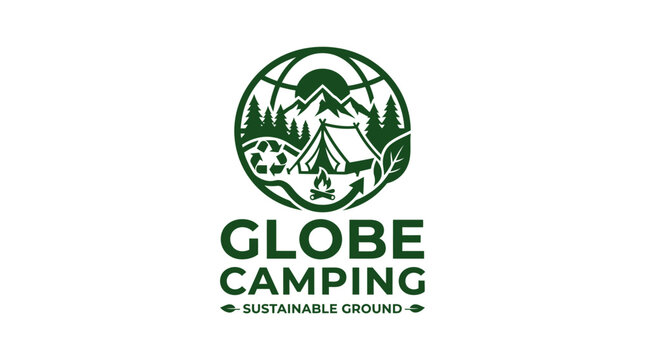 Sustainable camping logo with tent and mountain globe.
