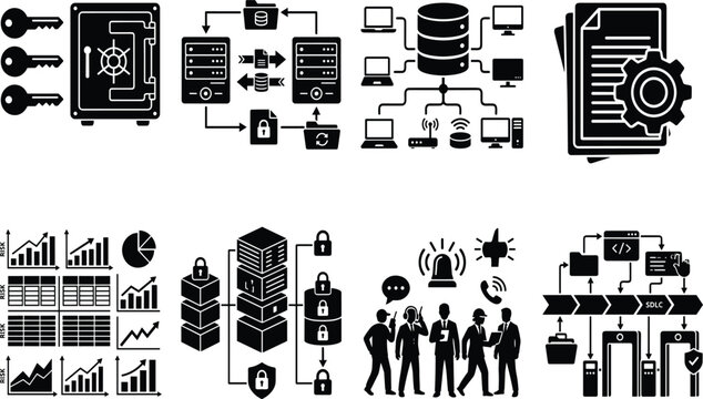 Data governance and information security vector icon set featuring cloud backup management risk assessment and secure sdlc concepts