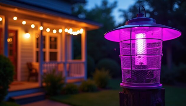Purple bug zapper lamp glows on backyard patio at dusk attracting insects. House with string lights in background. Peaceful summer night pest control.