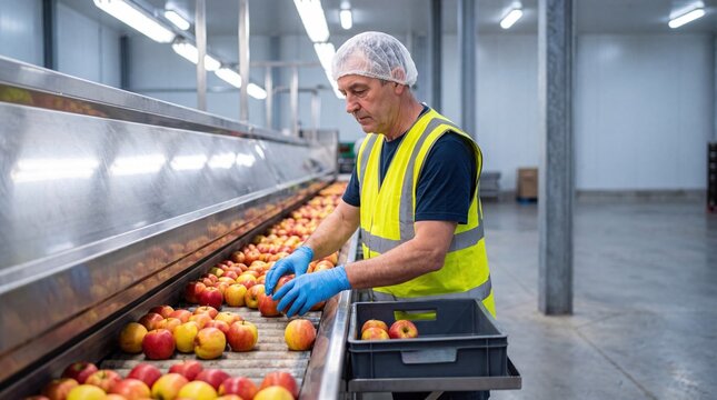 A middle-aged Caucasian man with short hair and a beard sorts apples on a conveyor belt in a warehouse. He wears a yellow safety vest and blue gloves.