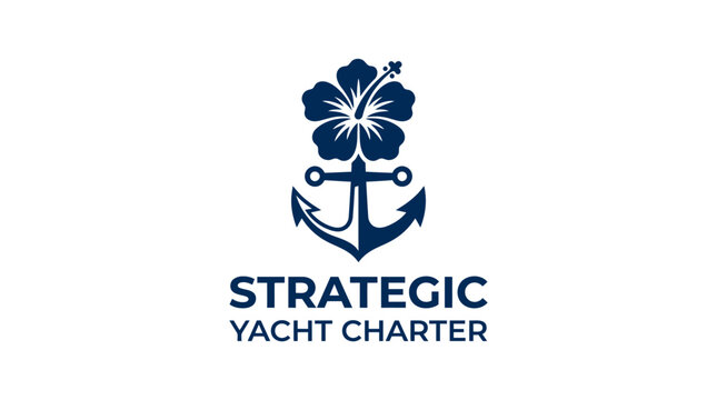 Nautical yacht charter logo with anchor and hibiscus flower.