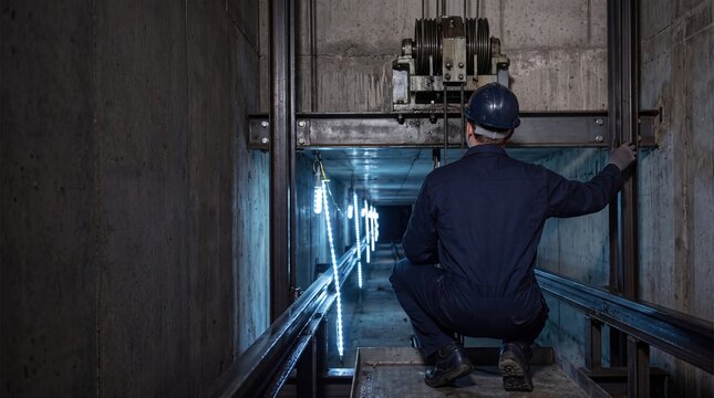 A male technician in a dark elevator shaft inspects machinery. He wears a blue uniform and a hard hat, surrounded by concrete walls and dim lighting.