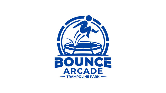 Bounce arcade trampoline park logo with jumping figure icon.